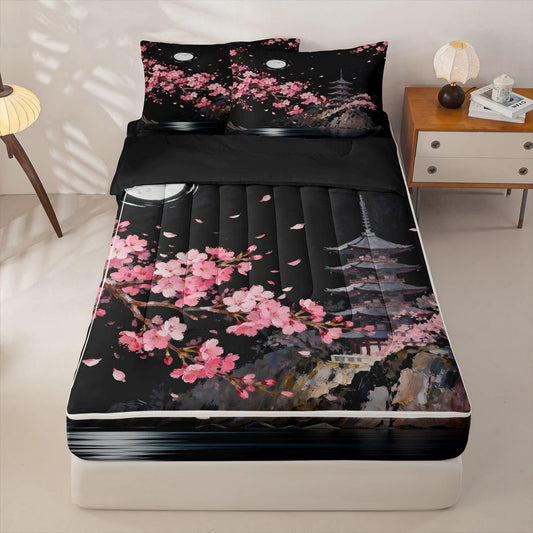 jejeloiu Japanese Style Building View Zipper Bedding Twin Pink Cherry Zipper Bedding Sets for Kids Boys Girls Night Moon Comforter Set with Fitted Sheet and 2 Pillowcases Romantic Exotic Bedroom Decor