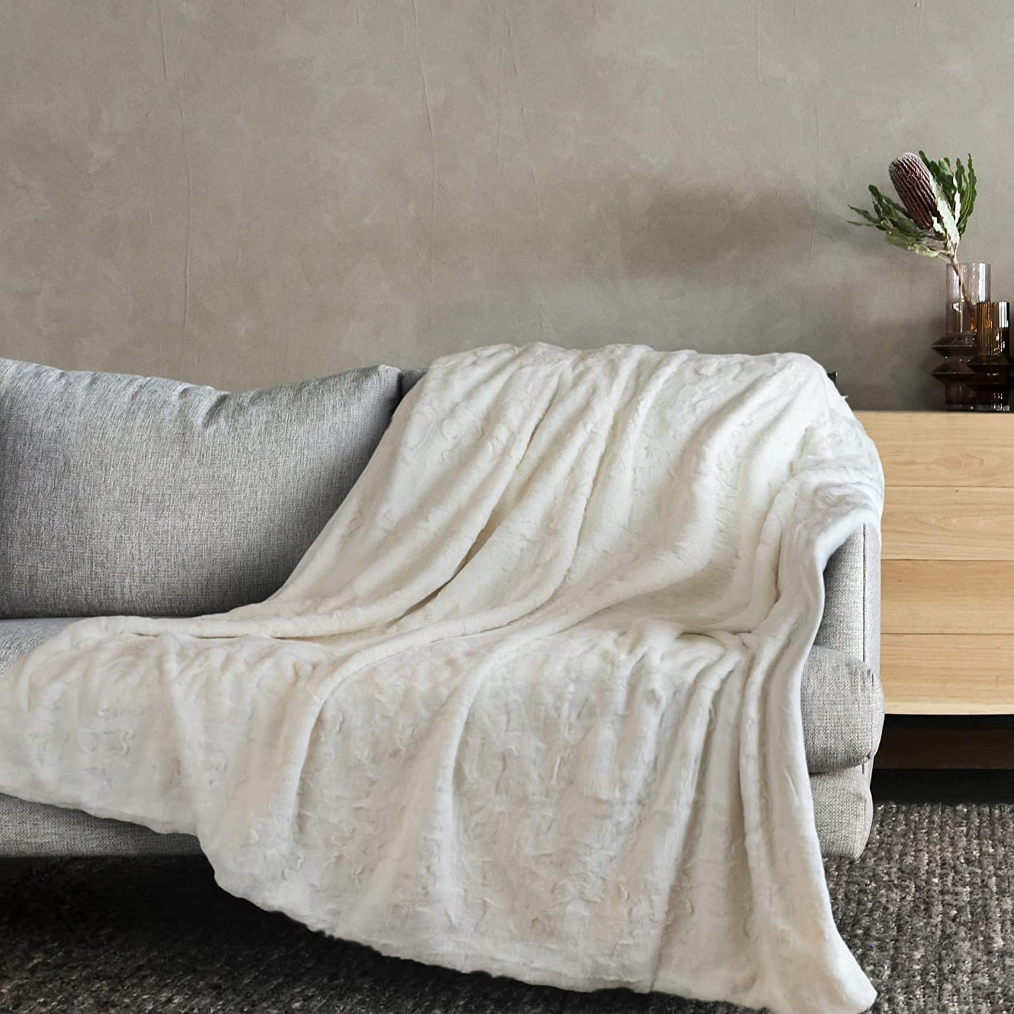Outrageously Soft Queen Sized Blanket - Ultra Plush Minky Faux Fur Blanket - 60 x 80 Inches - Ivory