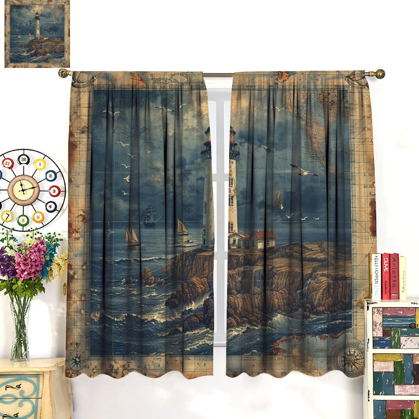TOWINSFB Nautical Lighthouse Sailboats Blackout Curtains, Compass Ocean Island Home Decor Rod Pocket Window Drapes for Living Room Bedroom - 42" W x 45" L