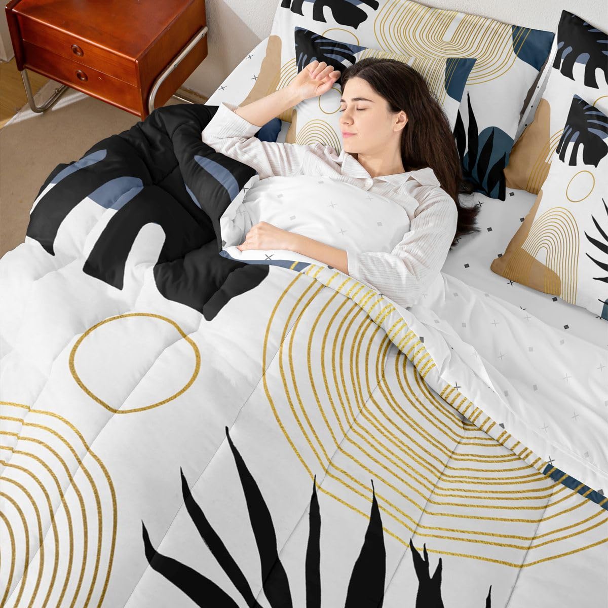 Erosebridal Abstract Tropical Full Comforter Set with Sheets, Chic Boho Plant Palm Leaf 7 Pcs Bedding Set, Bohemian Mid Century Simple Minimalist Bed in A Bag, Modern Geometric Aesthetic Bed Sets