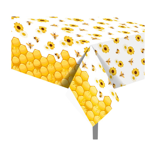 CC HOME 1Pc Bees Party Plastic Tablecloth 54 x 87 Inch Long Table Cover, Honey Sunflower Honeycomb Daisy Party Tablecover for Bee Kids Baby Shower Birthday Dinner Picnic Kitchen Event