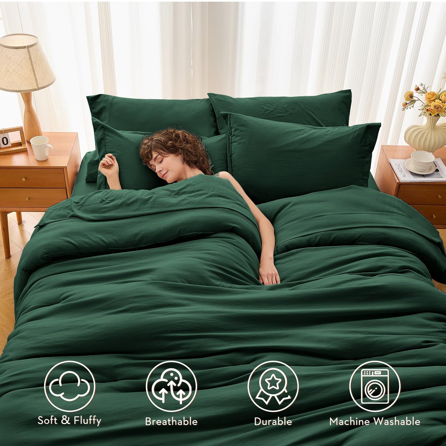 MUXHOMO 7 Pieces King Comforter Set, Soft Bed in a Bag King Size, All Season Bedding Set with Comforter, Flat Sheet, Fitted Sheet, Pillowcases & Shams, Dark Emerald Green