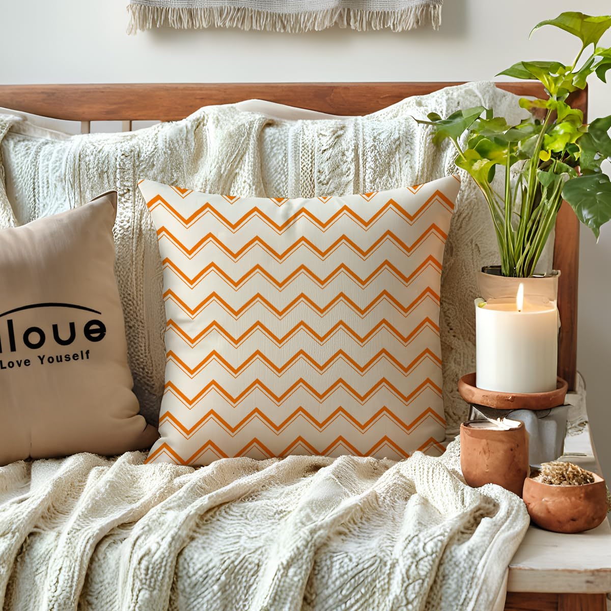 ULOVE LOVE YOURSELF Square Decorative Throw Pillows Cushion Covers Modern Geometry Print Home Pillowcases 18 X 18 Inch,4 Pack (Orange)
