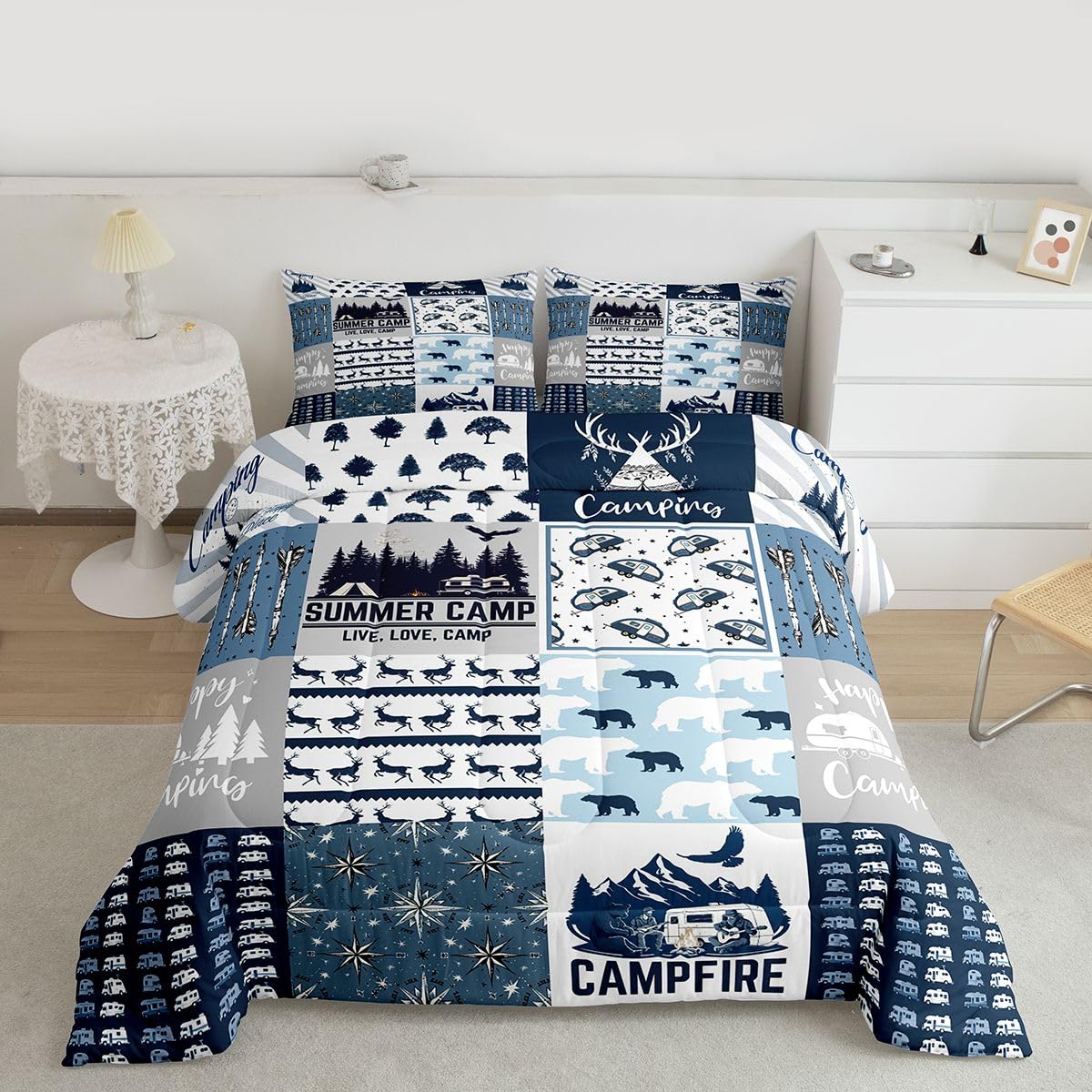 Erosebridal Happy Camping Bedding Set Queen Size for Boys Kids Teens, Camper Duvet Insert, Rustic Farmhouse Style Comforter Set, Sketch Drawing Camper Bedding, Camping Car Down Comforter, Blue