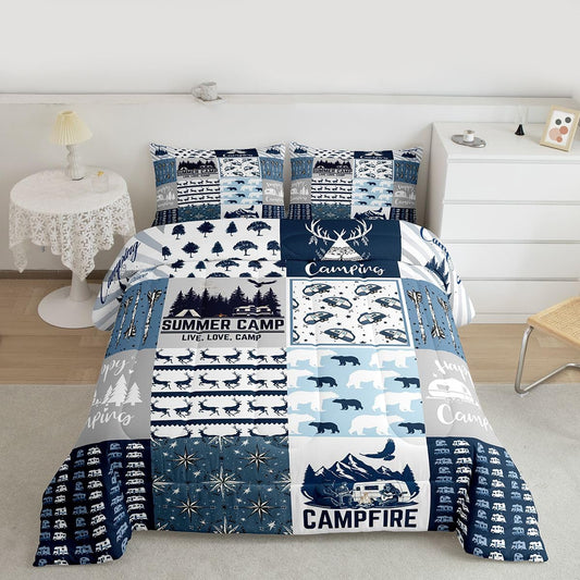 Erosebridal Happy Camping Bedding Set Queen Size for Boys Kids Teens, Camper Duvet Insert, Rustic Farmhouse Style Comforter Set, Sketch Drawing Camper Bedding, Camping Car Down Comforter, Blue