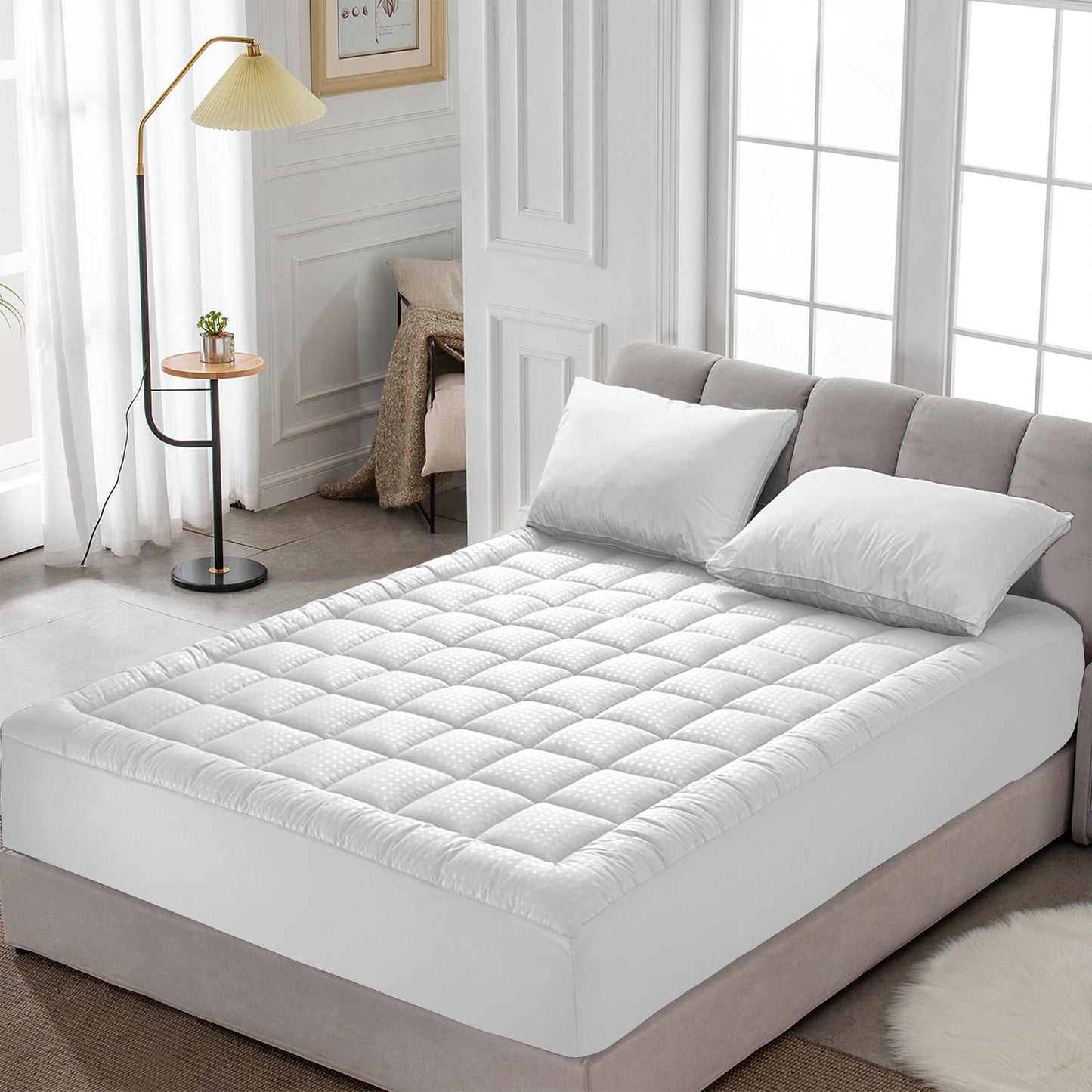 HYLEORY King Mattress Pad Quilted Fitted Mattress Protector Cooling Pillow Top Mattress Cover Breathable Fluffy Soft Mattress Topper with 8-21" Deep Pocket