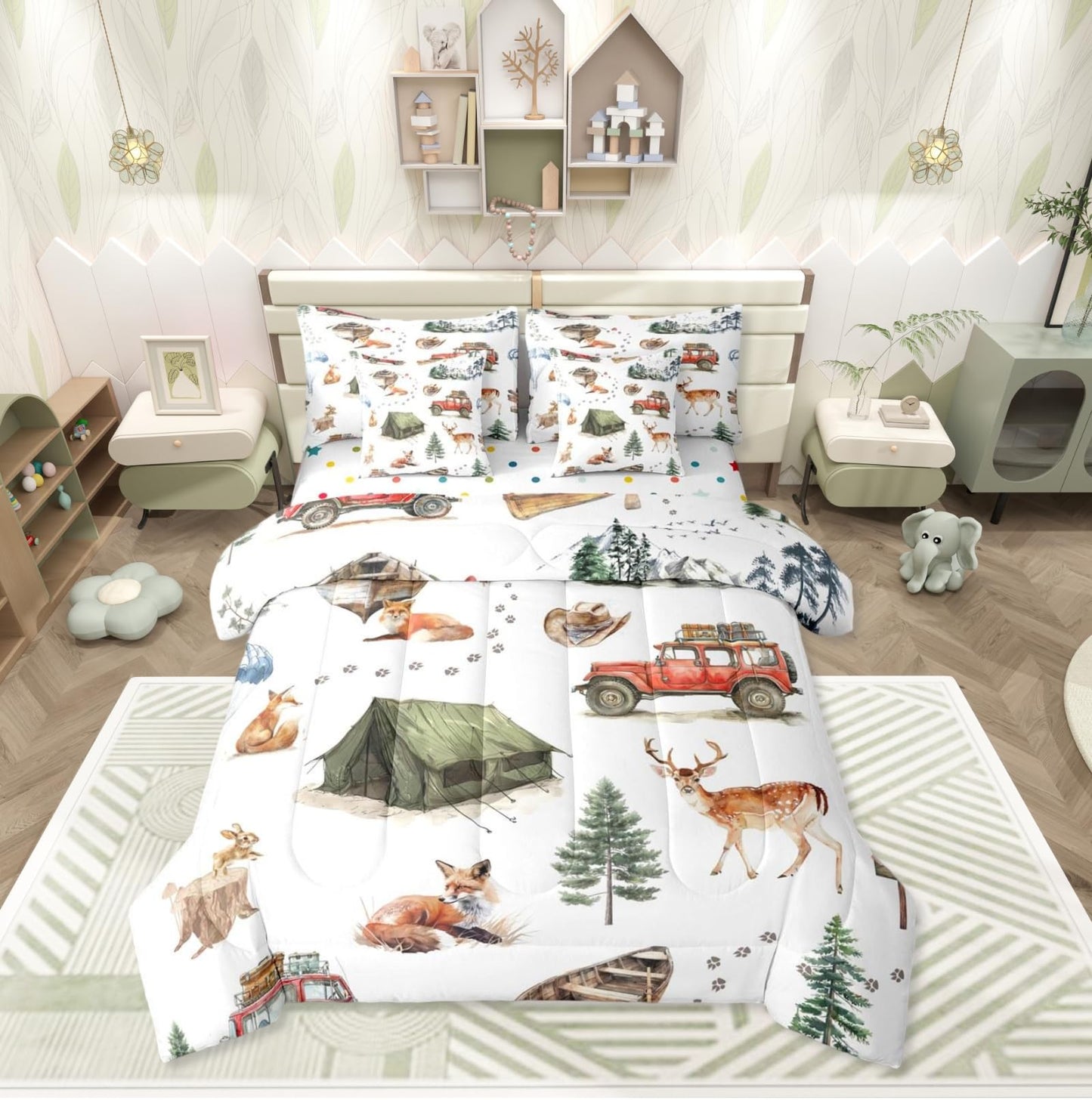Erosebridal Wild Animal 7 Piece Comforter Set Twin Happy Camping Bed in A Bag Fox Deer Wildlife Woodland Animals Bedding Sets for Boys Girls Camper Car Western Cowboy Sheet Set with Comforter