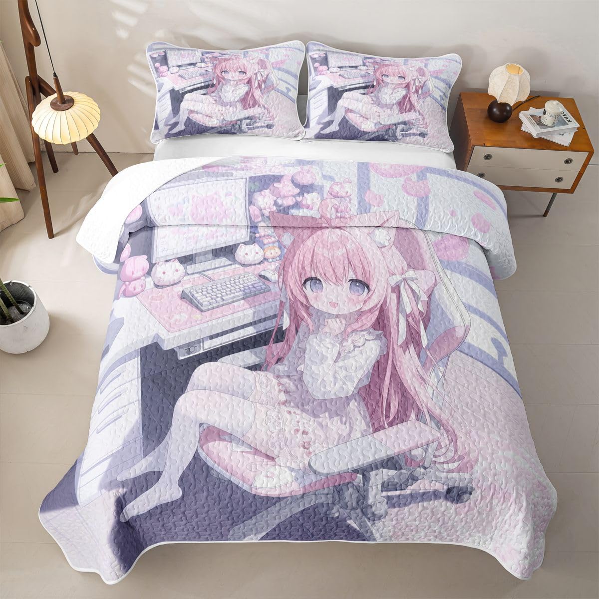 Erosebridal Kawaii E-Sports Girl Quilts Twin Size - 3D Japanese Girl Bedspread Coverlet Set, Girly Gaming Quilt Coverlets 2Pcs (Only 1 Pillowcase)