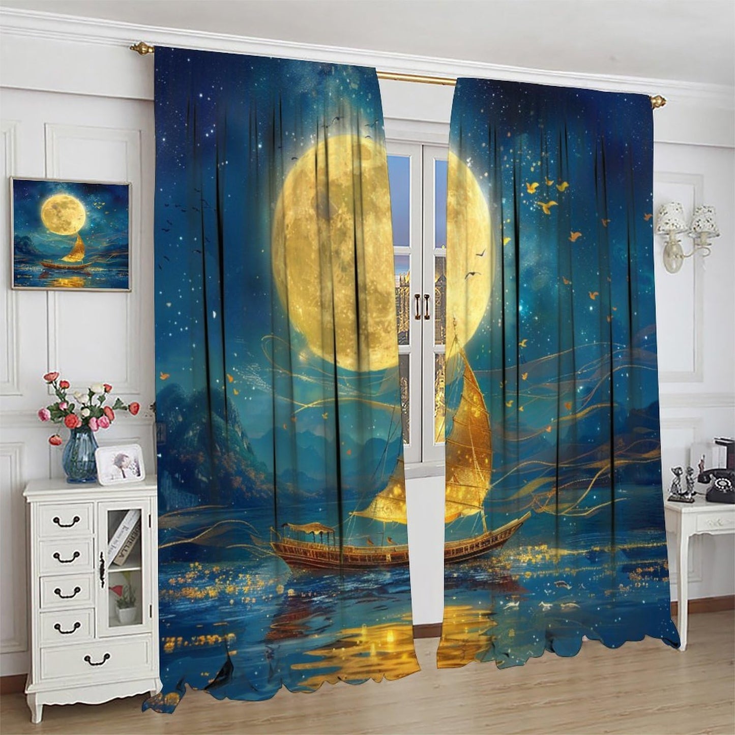 TOWINSFB Ancient Sailboat Star Moon Blackout Curtains for Living Room Bedroom, Night Nautical Ocean Scenery Window Curtains Rod Pocket Thermal Insulated Window Drapes, 2 Panels, Each 21W x 45L