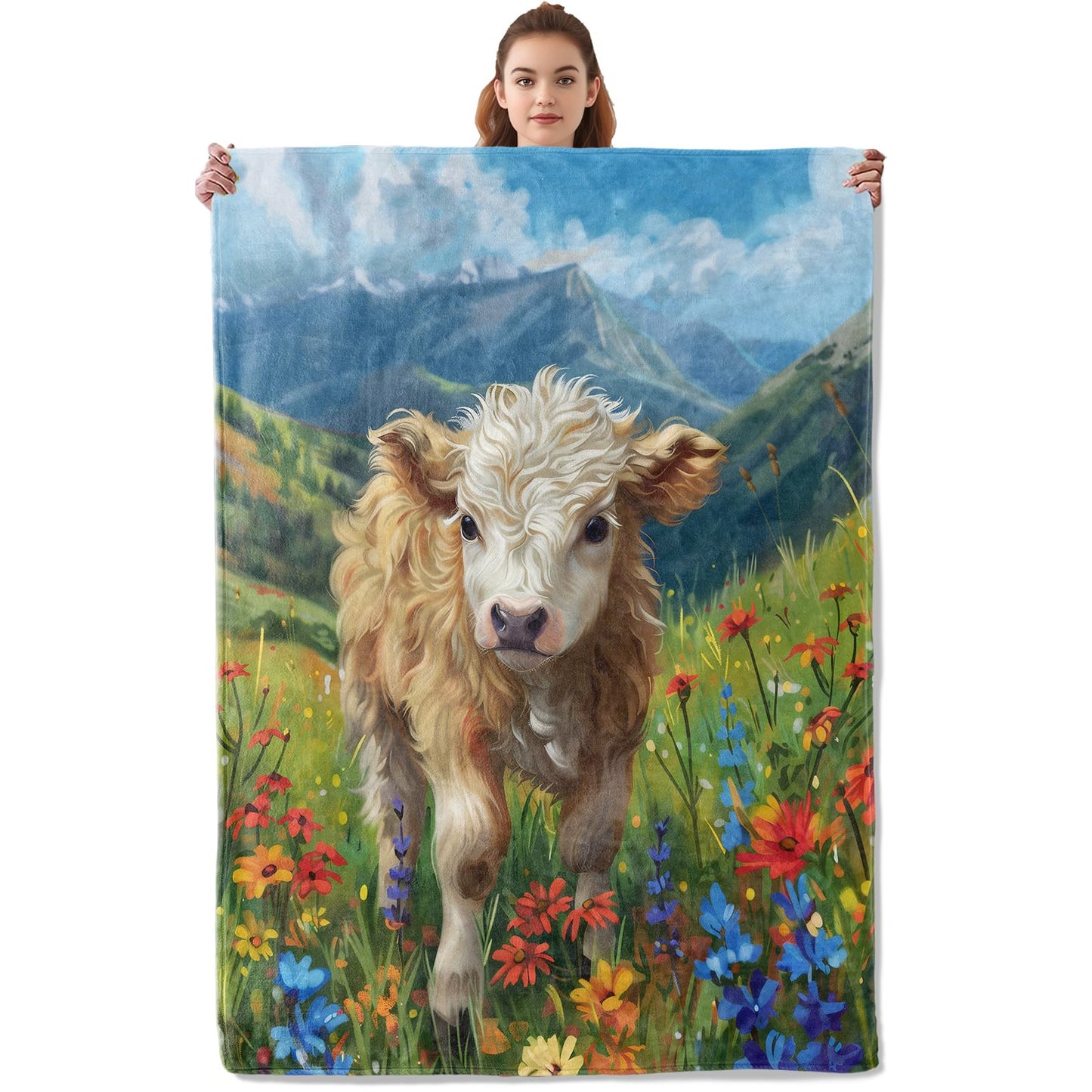 Kibue Cute Highland Cow Blanket Warm & Cozy Flannel Throw Blanket with Flowers - Soft Plush Lightweight Blankets for Travel, Bedroom, Office, Home Decor for Adults Kids Women 60"×50"