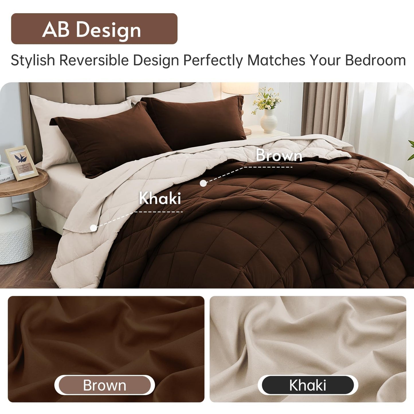 MUXHOMO 7 Pieces California King Comforter Set, Reversible Bed in a Bag Cal King Size, All Season Bedding Set with Comforter, Flat Sheet, Fitted Sheet, Pillowcases & Shams, Brown & Khaki