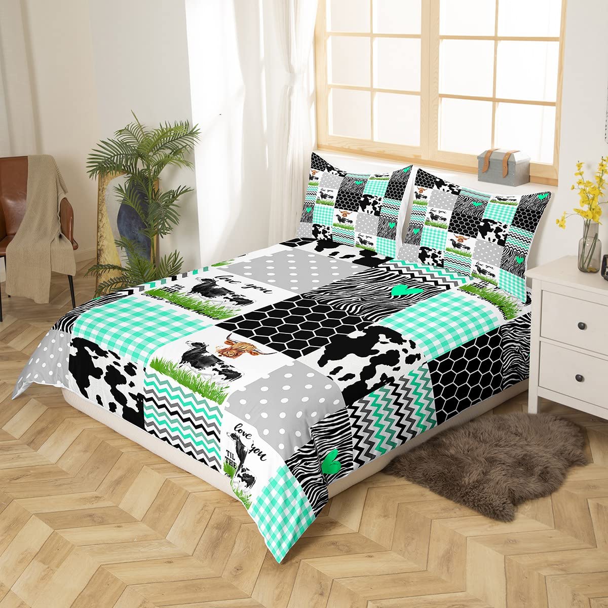 Homewish Cow Print Duvet Cover Set King Size Cute Cow Comforter Cover Farm Animals Print Bedding Set 3pcs for Kids Boys Girls Room Decor, Black White Green Plaid Quilt Cover with 2 Pillowcases