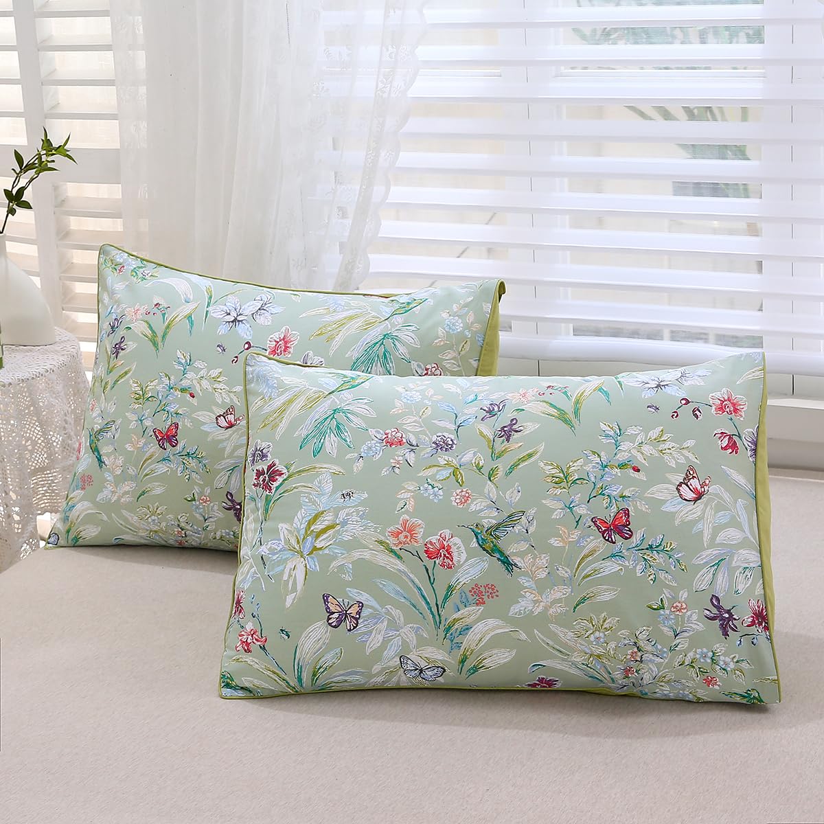 URBONUR 100% Cotton Duvet Cover Set Twin Size 3 Piece Green Floral Butterfly Printed Bedding Set, Soft and Breathable Comforter Cover Sets, Twin Size