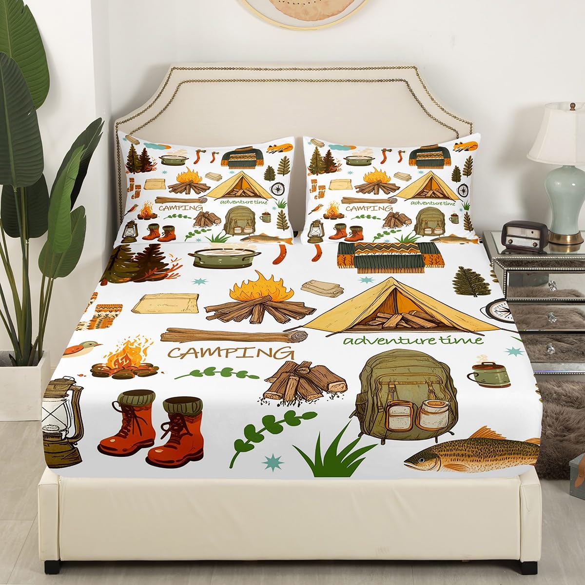 Happy Camping Kids Fitted Sheet Twin Size,Camper Equipment Tent Campfire Boots Bedding Set,Boys Girls Room Decor,Outdoor Adventure Time Bed Cover,Brown White Bed Sheet,1 Pillowcase(No Top Sheet)