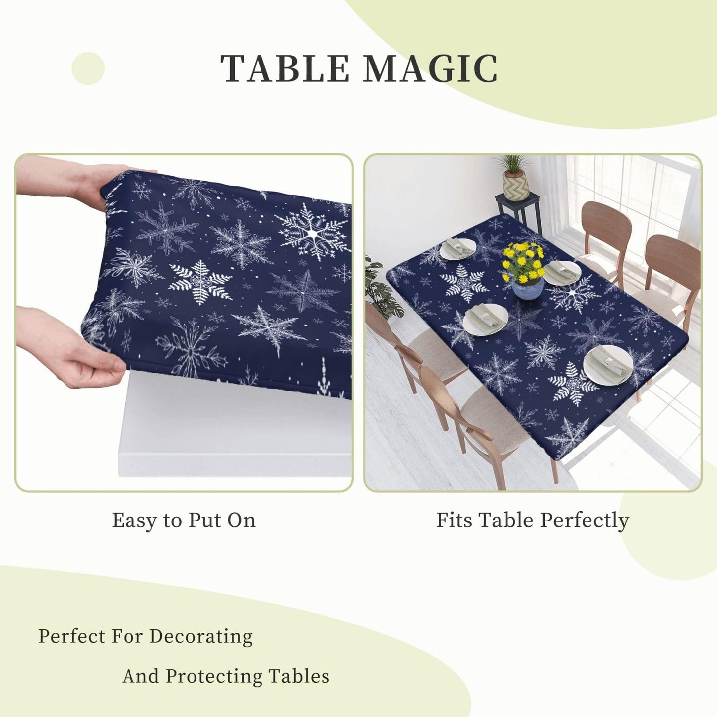 Fiokroo Winter Snowflakes Blue Tablecloth with Elastic Edge for 4ft Rectangle Table, Table Cloth Christmas Washable Table Cover for Kitchen Dining Party Outdoor Picnic Decoration, 48" L X 30" W
