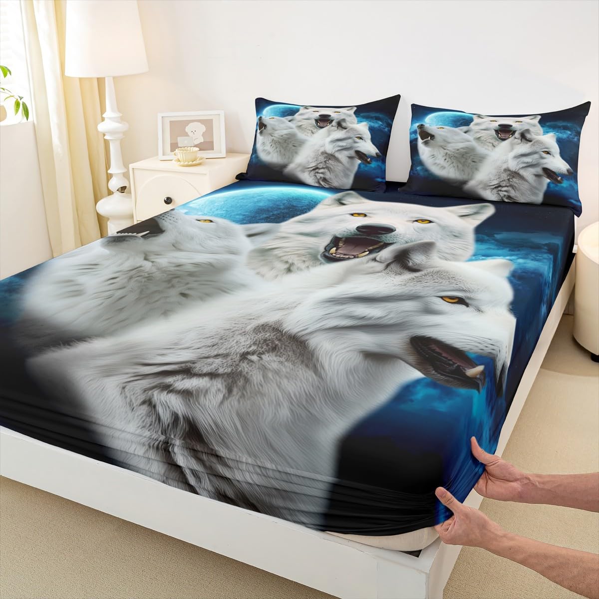 Manfei White Wolf 3D Print Fitted Sheet Full Size Night Moon Bedding Set 3pcs for Kids Teens Room Decor,Wild Animals Bed Cover Soft Breathable Bed Sheet Set with 2 Pillowcases
