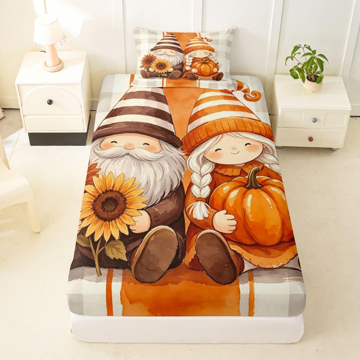 Erosebridal Couple Gnome Bed Sheets Twin Size Fall Sunflower Pumpkin Sheet Set Teens Men Women Geometric Stripes Plaid Bedding Set Neutral Cute Whimsical Autumn Sheets