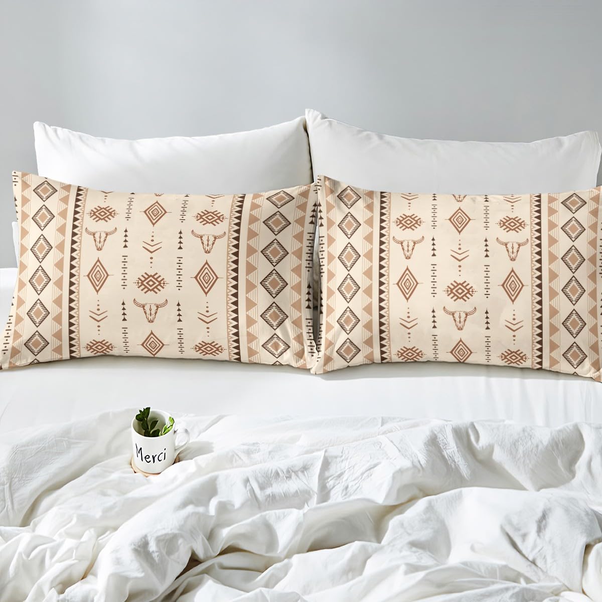 Erosebridal Bohemian Aztec Bed Sheets Set Full Size, Western Bull Skull Flat Fitted Sheet for Girls Boys Women Men Bedroom, Geometric Farmhouse Bedding Set, Southwestern Native Bed Sets