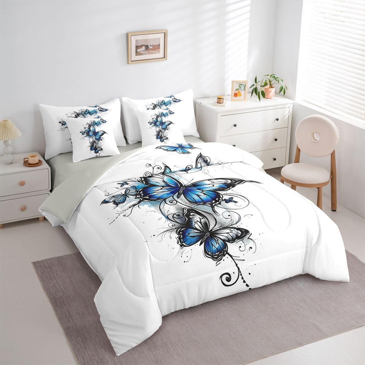 Erosebridal Stained Glass 7 Piece Bedding Set Twin Watercolor Blue Butterfly Comforter Set with Sheets Fresh Floral Lines Bed in a Bag Rococo Scroll Bed Sets Comforter