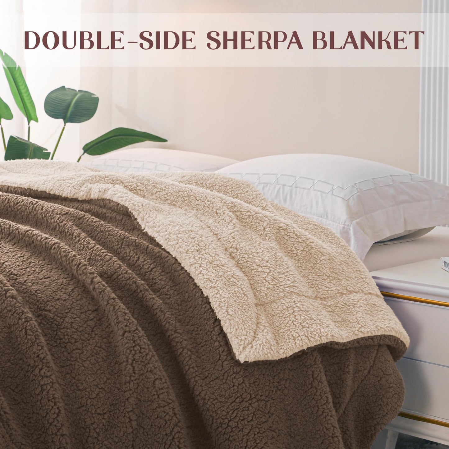 Exclusivo Mezcla Reversible Sherpa Throw Blanket for Couch, Thick and Warm Fleece Blankets for Winter, Soft Plush Fluffy, 50x60 Inches, Brown/Khaki