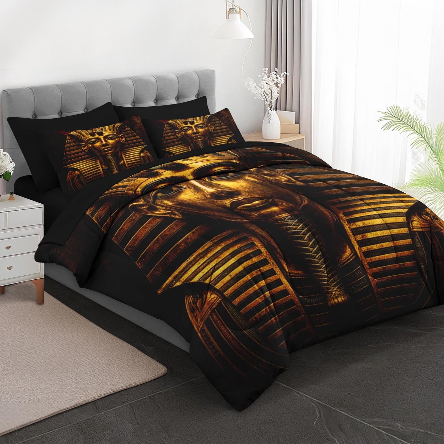 Boewywh Comforter Set Twin Size Gold African Antique 7 Pcs, Bedding for Kids and Adults, Bed Sheet Sets with Fitted Sheet 2 Pillowcases & 2 Shams for Bedroom Bed Decor