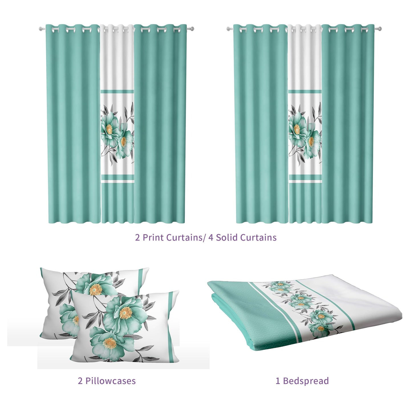 Deepsleep King Bedspread Set 9 Pieces, All Season Luxury Bed in a Bag for Bedroom, with 2 Pillowcases and 6 Curtains, Ultra-Soft Microfiber for Complete Bedroom Decor, Green Rose