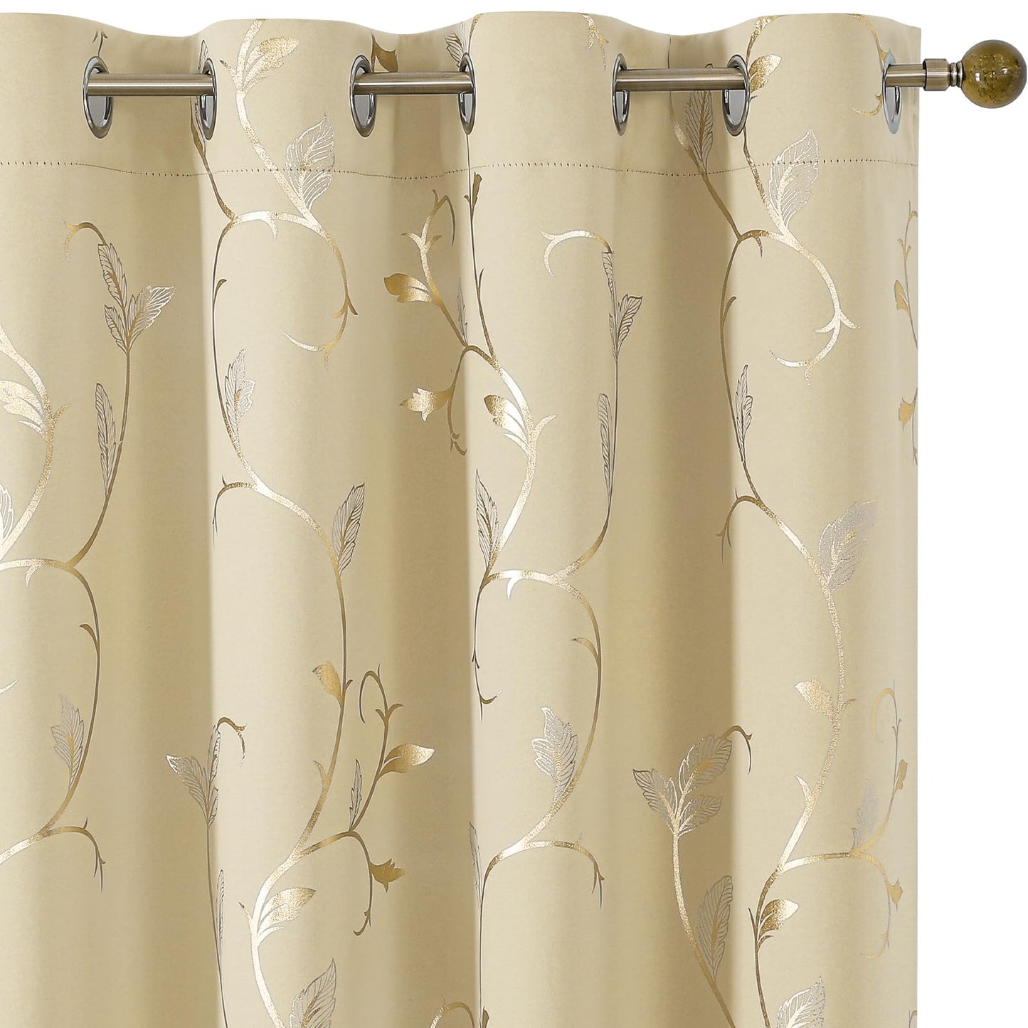 BUHUA Blackout Curtains Gold Foil Print Flower Vine Grommet Drapes, Room Darkening Thermal Insulated Curtains, Noise Reducing Blackout Curtain for Bedroom, Beige, 52Wx63L, 2 Panels