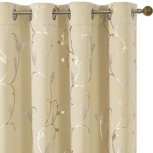 BUHUA Blackout Curtains Gold Foil Print Flower Vine Grommet Drapes, Room Darkening Thermal Insulated Curtains, Noise Reducing Blackout Curtain for Bedroom, Beige, 52Wx63L, 2 Panels