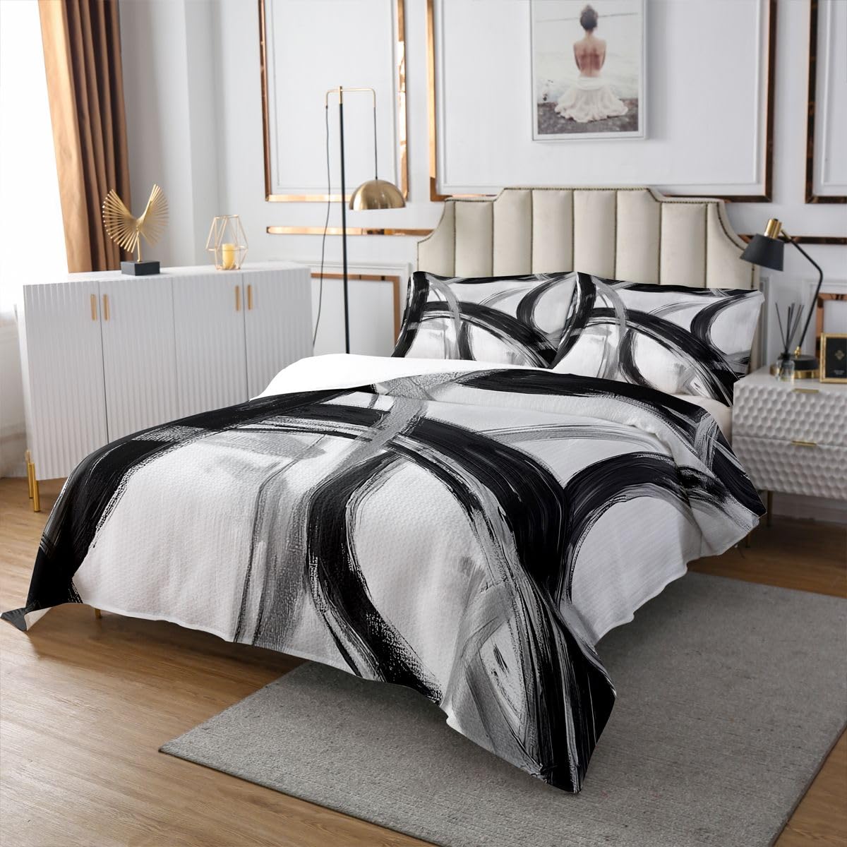 jejeloiu Black and Black Striped Bedspread King Size Abstract Gromment Stripes Coverlet Set Modern Geometric Quilted Coverlet for All Season with 2 Pillowcases Microfiber Lightweight