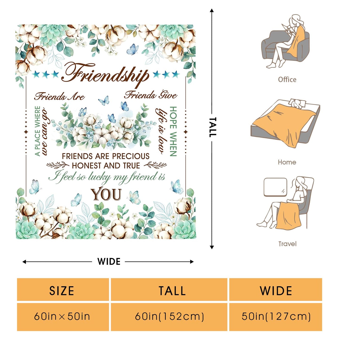 Hohoto Friendship Gifts for Women Bestie Soul Sister, Best Friend Forever BFF Present for Wedding Birthday, Throw Blanket for Couch Bed Sofa 50"x60"