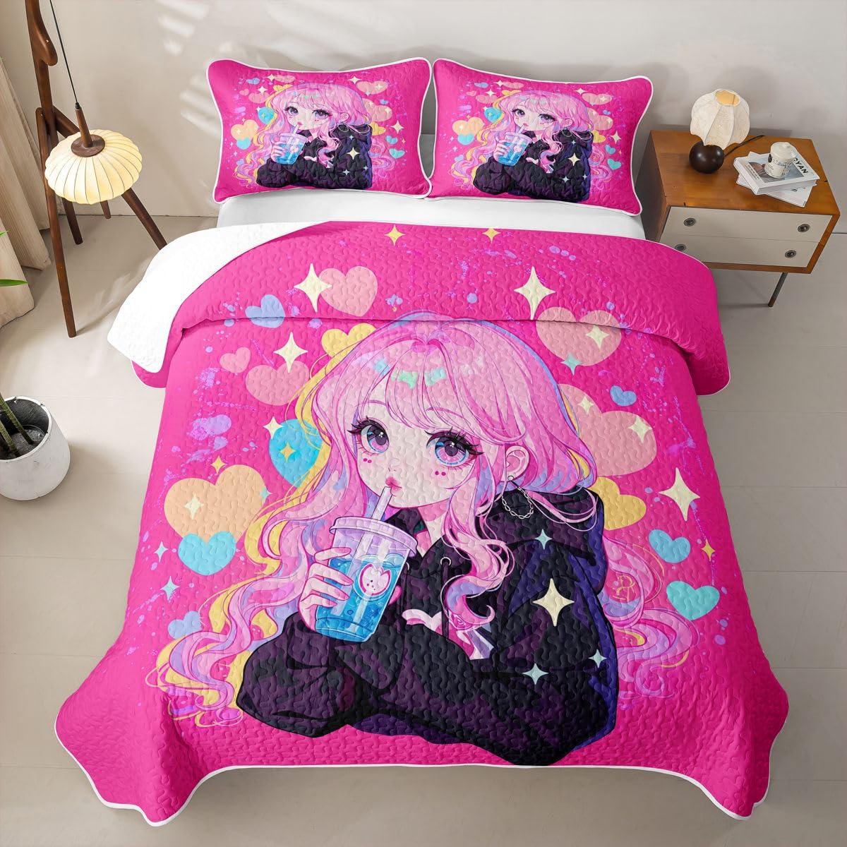 Erosebridal Preppy Girls Quilt Twin Size - Kawaii Japanese Girl Drinking Water Bedspread Coquette Girl with Colorful Curly Hair Bed Coverlet with 1 Pillowcase