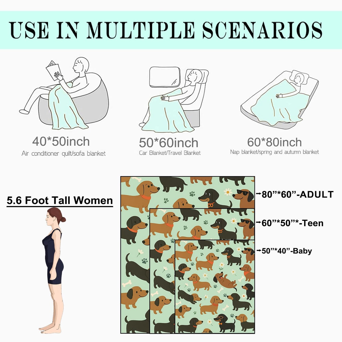 coedoaes Cute Dachshund Dog Fleece Blanket,50x60in,Playful Wiener Dogs Glasses Bones Flower Mint Green Throw Blankets,Soft Cozy Lightweight, Ideal for Bed Living Room Home Whimsical Pet Decor,Gifts