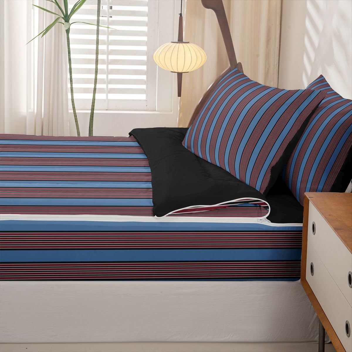 Feelyou Stripes Zipper Bedding Queen Geometric Zipper Bedding Sets for Kids Boys Girls Modern Striped Art Comforter Set with Fitted Sheet and Pillowcases Bedroom Decor Blue Brown