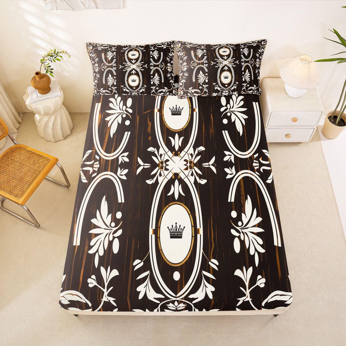 Erosebridal Black Gold Crown Bed Sheets Set Full Vintage Boho Floral Sheet Set Bohemian Exotic Goth Sheets Farmhouse Wooden Flat Fitted Sheet