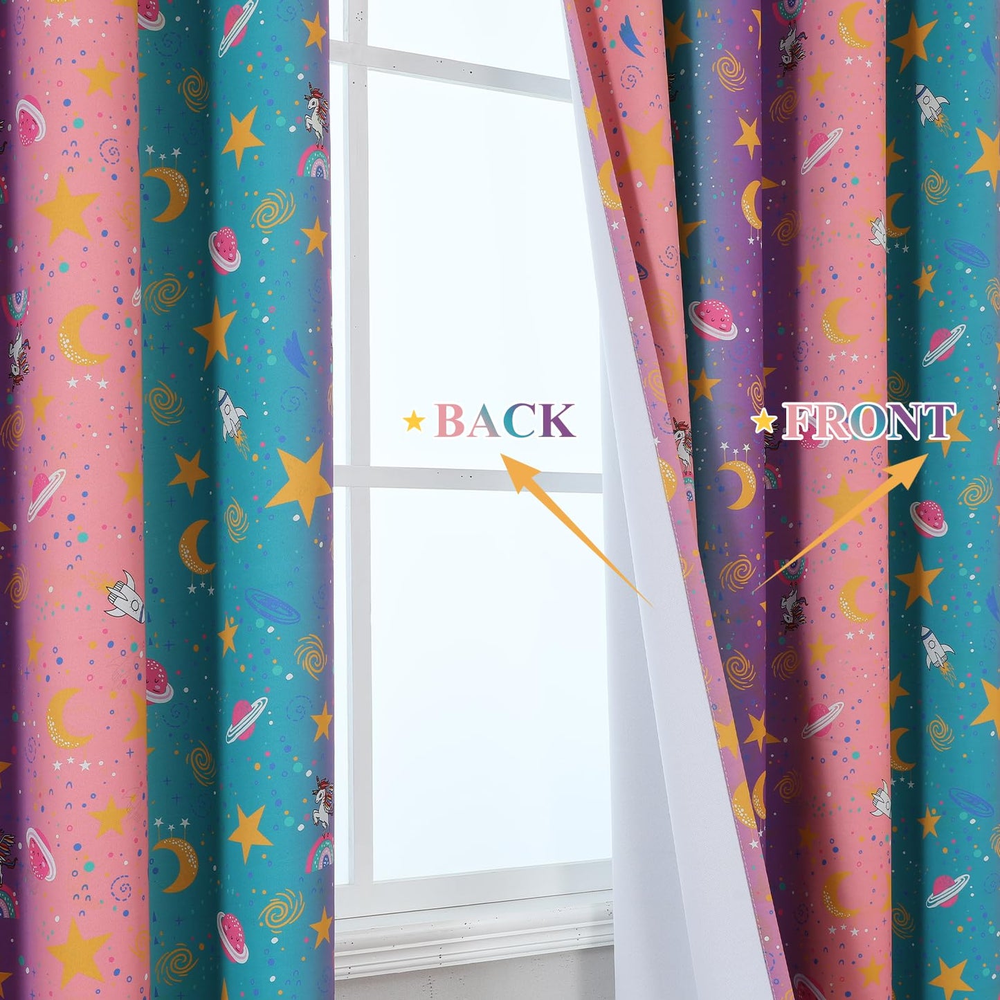 Estelar Textiler Unicorn Rainbow Galaxy Printed Ombre Pink Purple Teal Blackout Curtains for Kids & Girls Room,Thermal Insulated Room Darkening Grommet Drapes with Star & Moon Pattern,38Wx63L,2 Panels