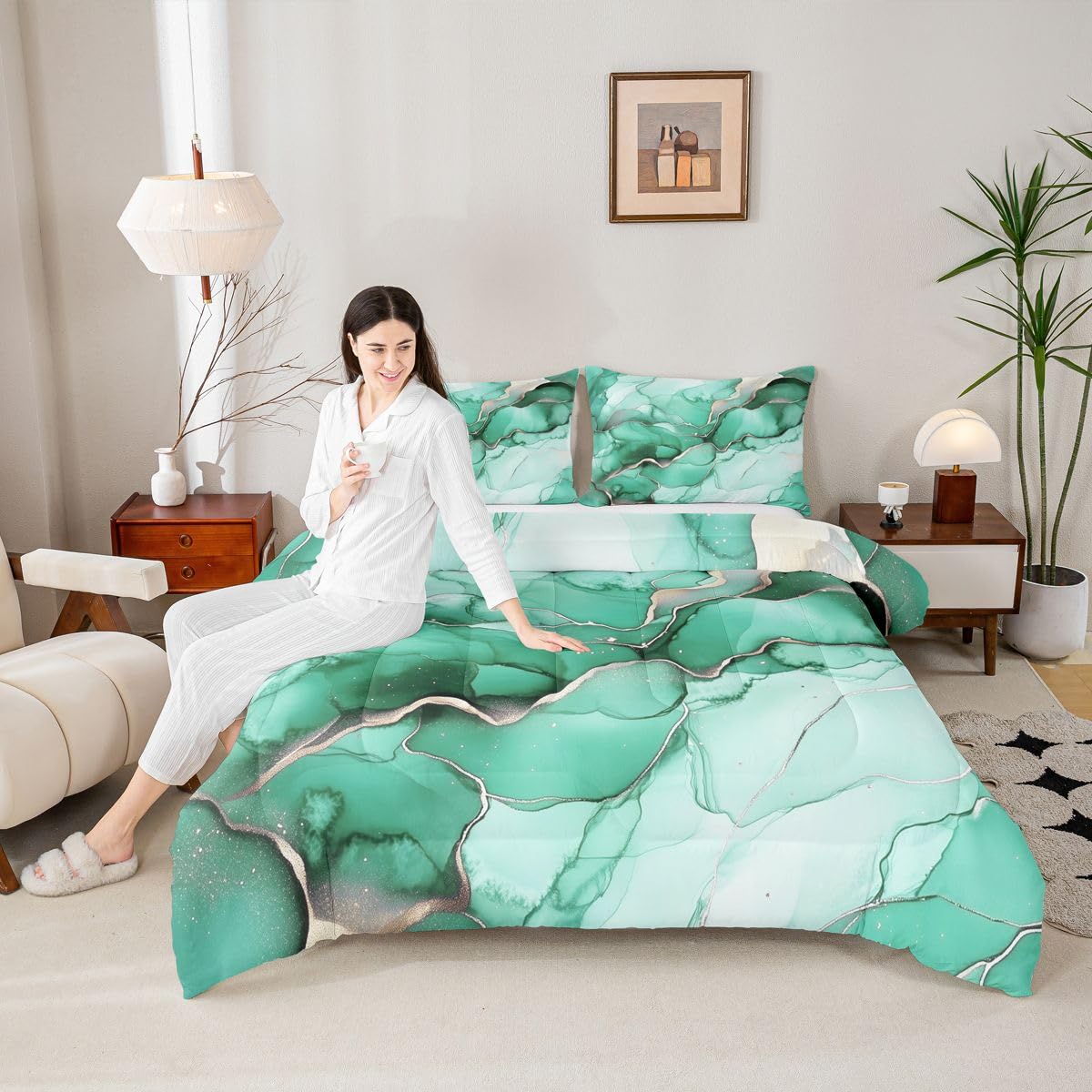 Erosebridal Green Marbling Comforter Set King Marble Print Bedding Set Gold Ink Fluid Art Comforter for Kids Boys Girls,Ombre Marble Textured Quilt Duvet
