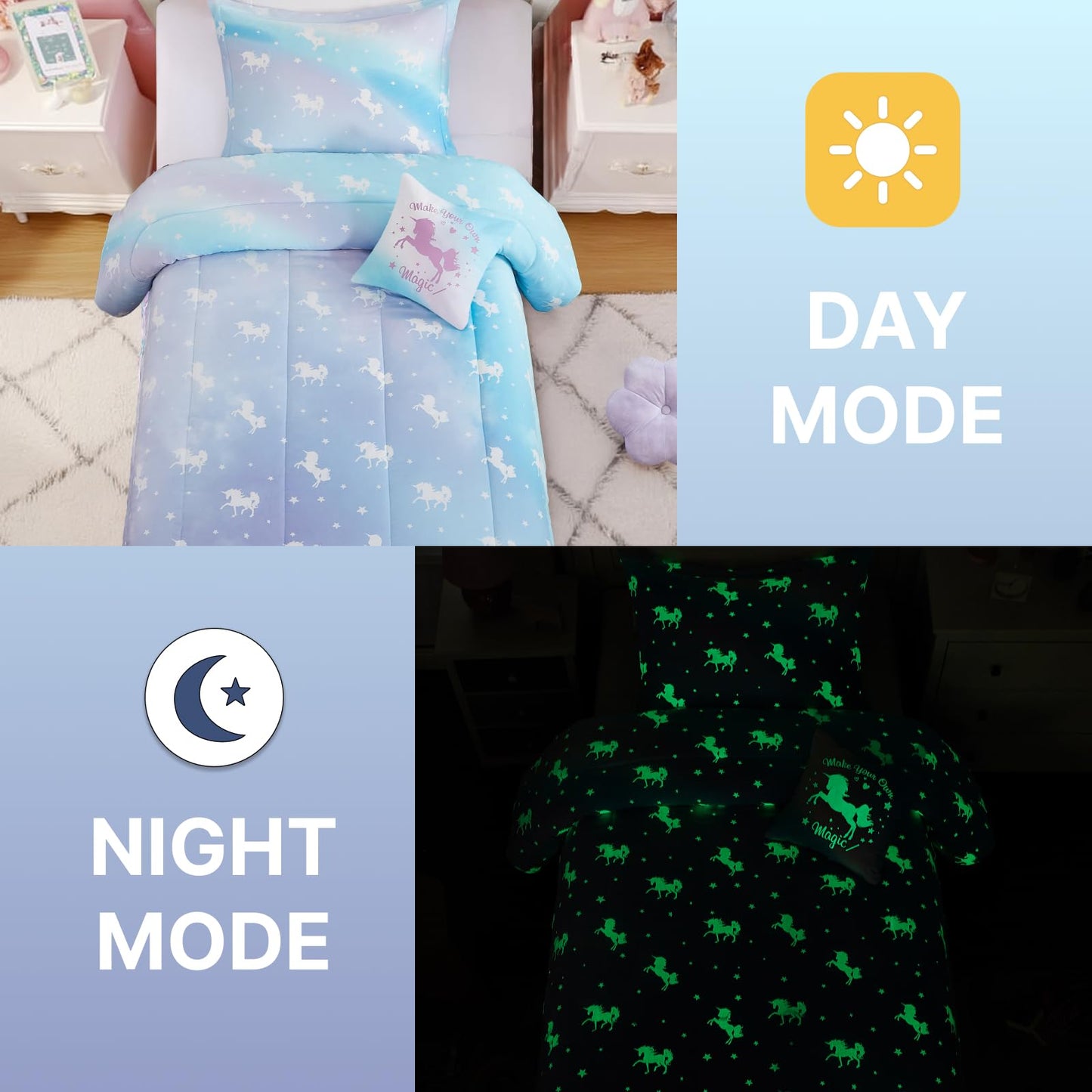 Wink Deer Twin Comforter Set for Girls-3 Pieces Unicorn Glow in the Dark Twin Bedding Sets for Kids,1 Comforter,1 Sham and 1 Decor Pillow