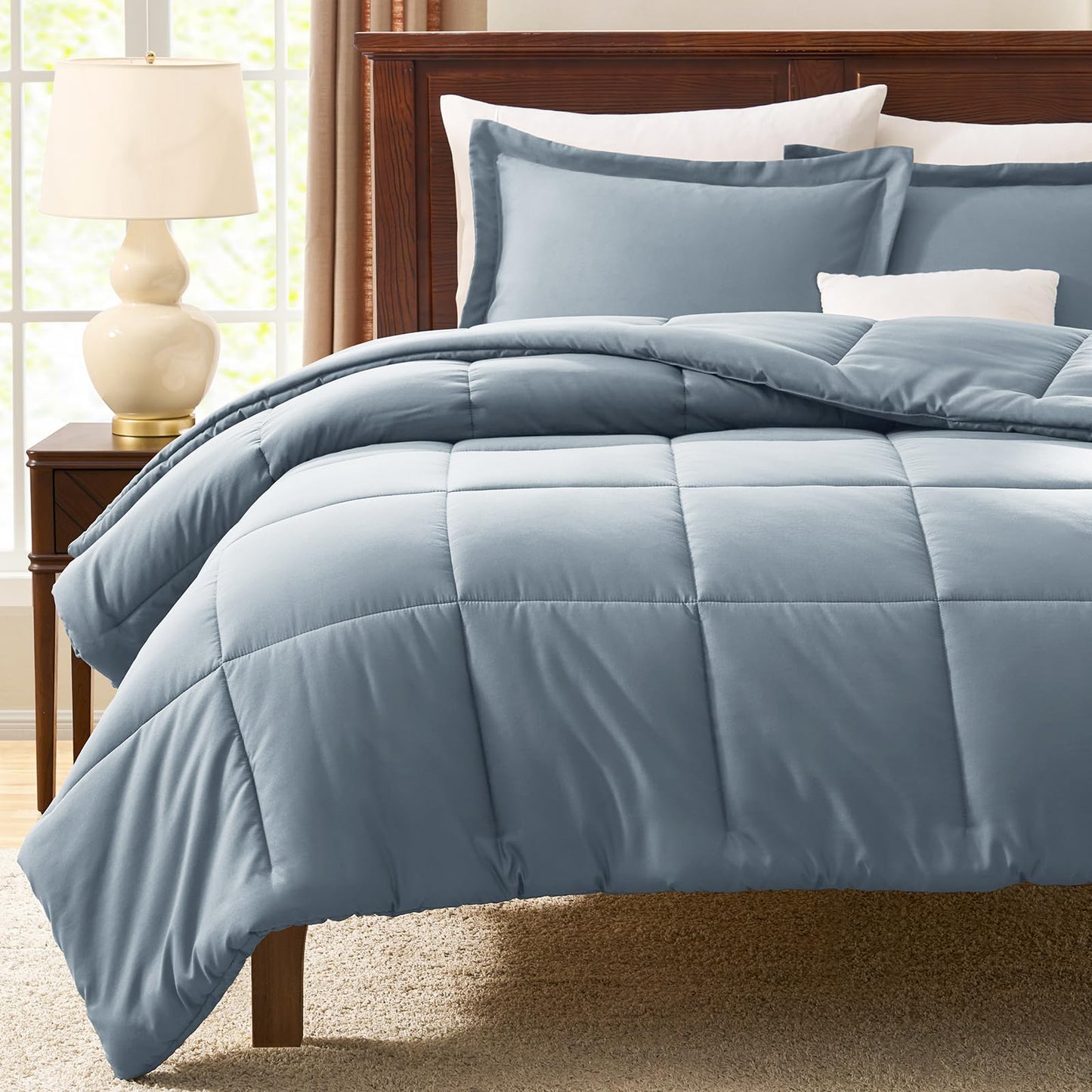 CozyLux Queen Comforter Set - 270GSM Grayish Blue Bedding Sets for All Seasons, 3 Pieces Box Stitched Bed Set with 1 Down Alternative Comforter and 2 Pillow Shams, Soft, Lightweight, Breathable