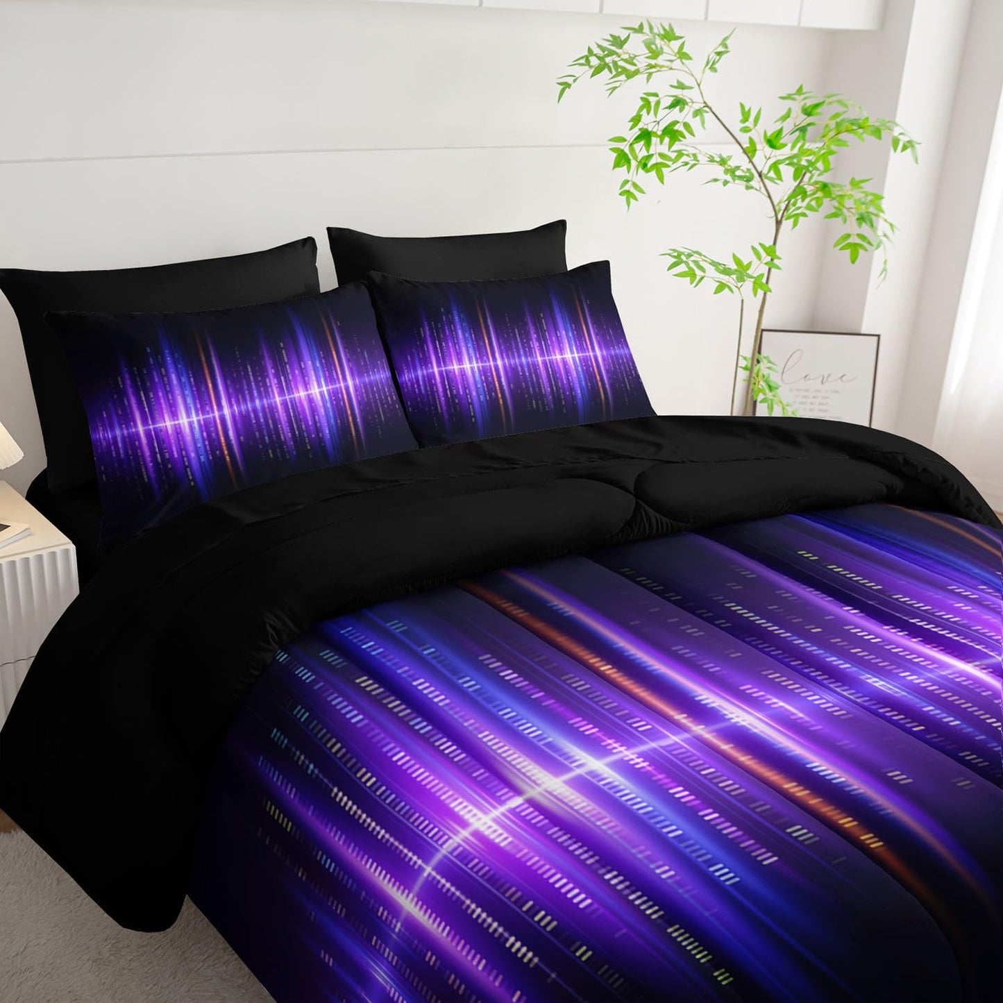 Smell Sunshine 7Pcs Geometric Stripes Comforter Set Purple Gradient Lines Printed Bedding Set with 1 Comforter, 1 Flat Sheet, 1 Fitted Sheet and 4 Pillowcases for Boys and Girls Bedroom (Lines Twin
