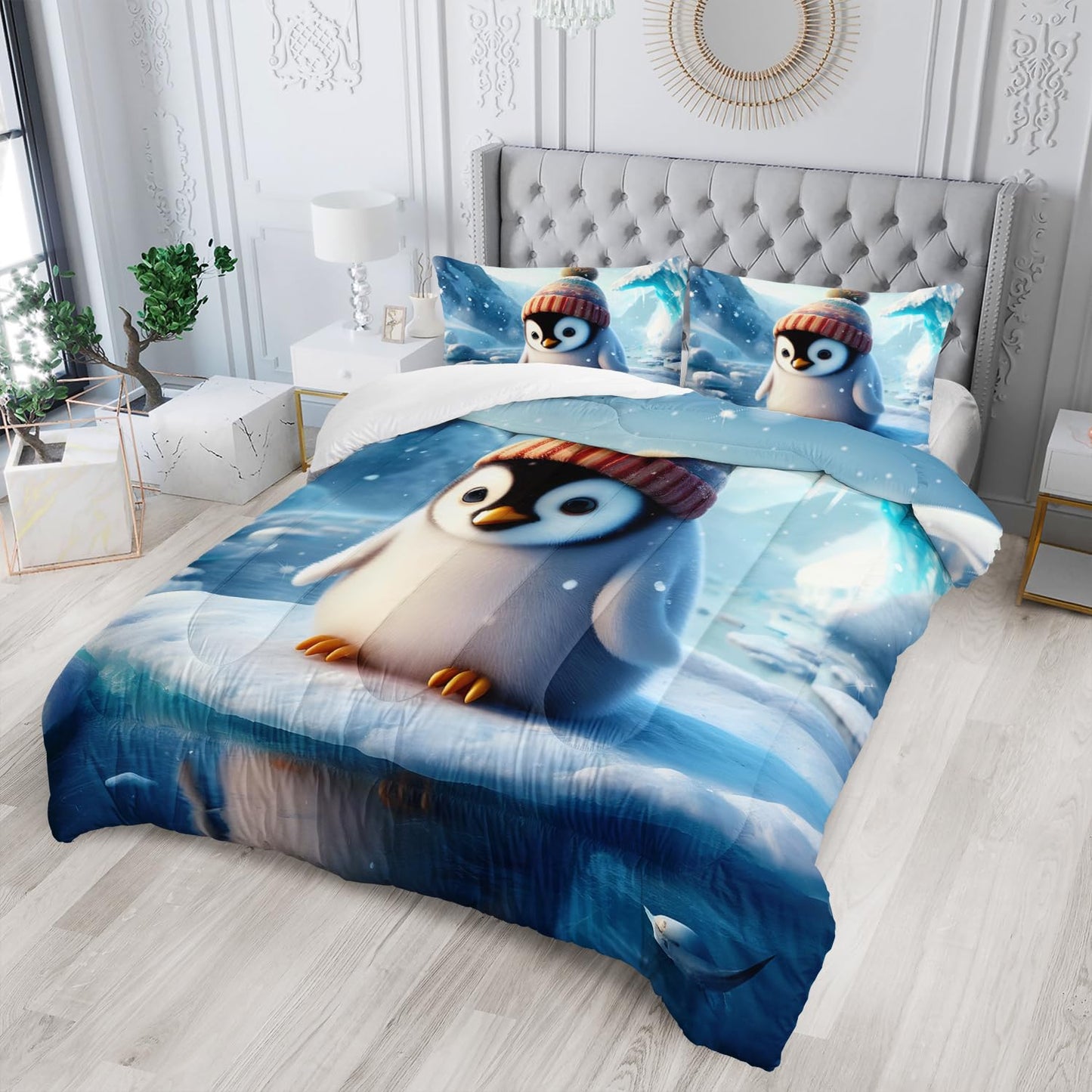 Kawaii Blue Penguin Comforter Set for Boys Kids,3 Pieces Cartoon Ice Penguin Bedding Set Queen Size Cute Penguin Lightweight Down Alternative Comforter with 1 Comforter 2 Pillowcase All Seasons
