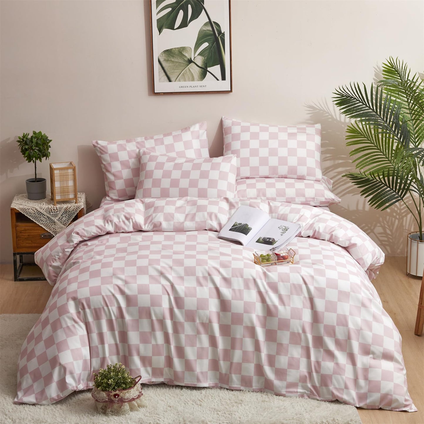 KAREVER Pink Grid Comforter Full Pink Plaid Bedding Set Girls Pink White Checkered Bed Comforter Set Breathable Blanket Set Kids Durable Bedding Comforter Set