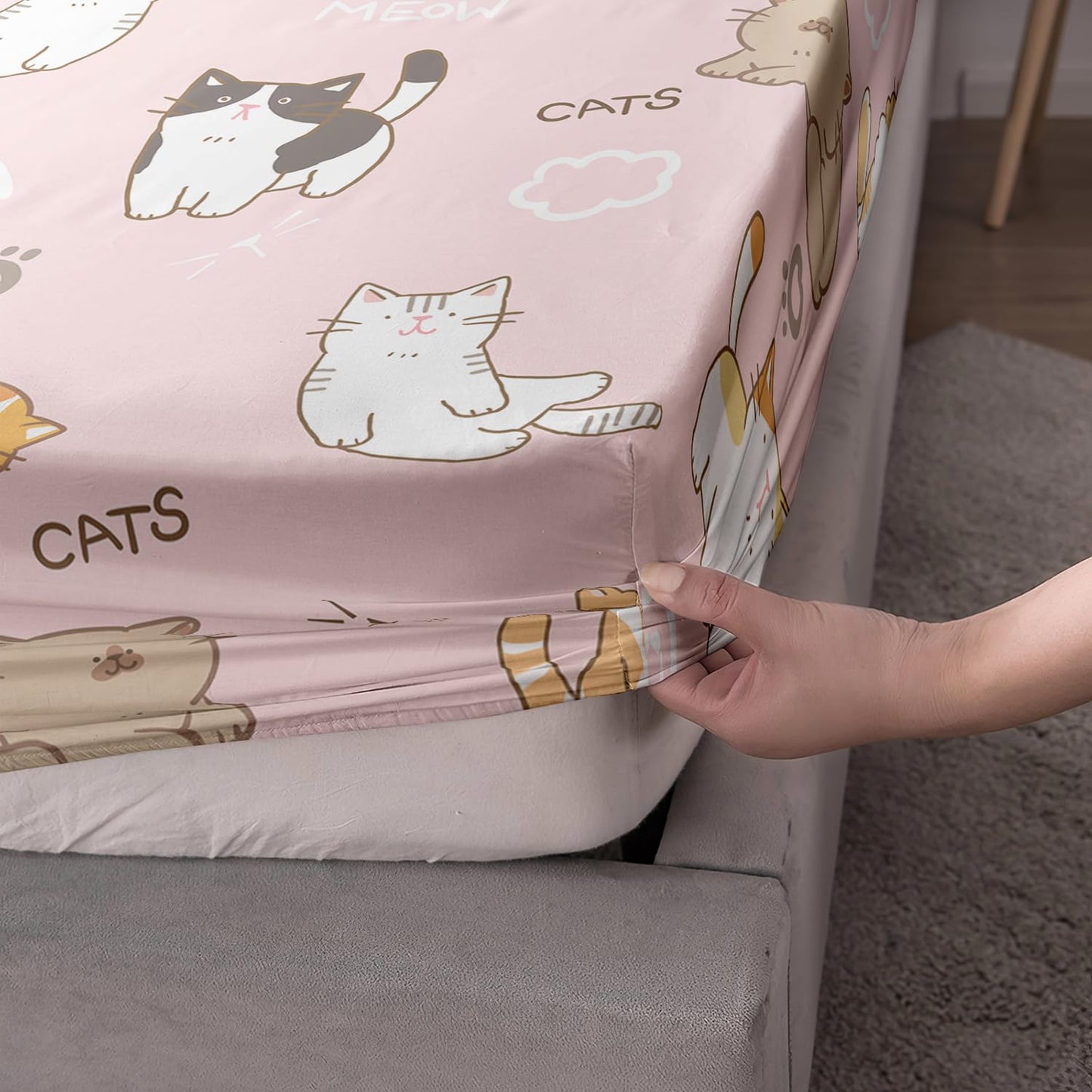 AILONEN Cats Fitted Sheet Twin XL Size Cartoon Cat Cute Bed Sheet for Kids Girls Teen Pink Kawaii Bedding Set Decor 3 Pieces Set, 1 Fitted Sheet and 2 Pillowcases