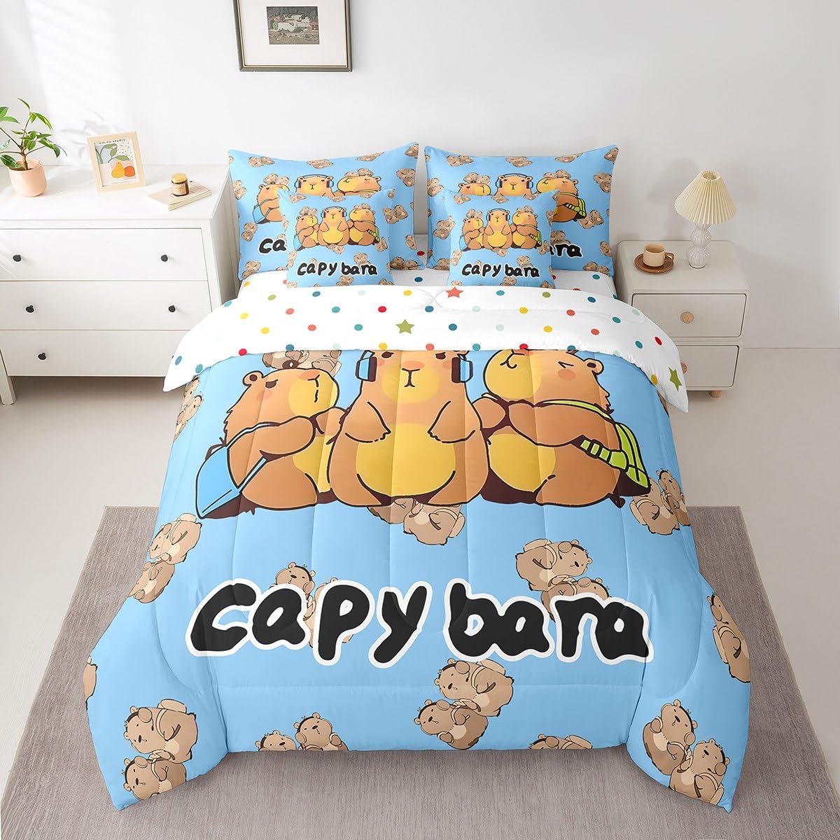 Kawaii Capybara Comforter Set 7 Piece Bed in a Bag Twin, Cartoon Rodents Bedding Sets Cute Beaver Wild Animals Pattern Comforter and Sheet Set, Wild Safari Natural Theme Wildlife Print Bed Set, Blue