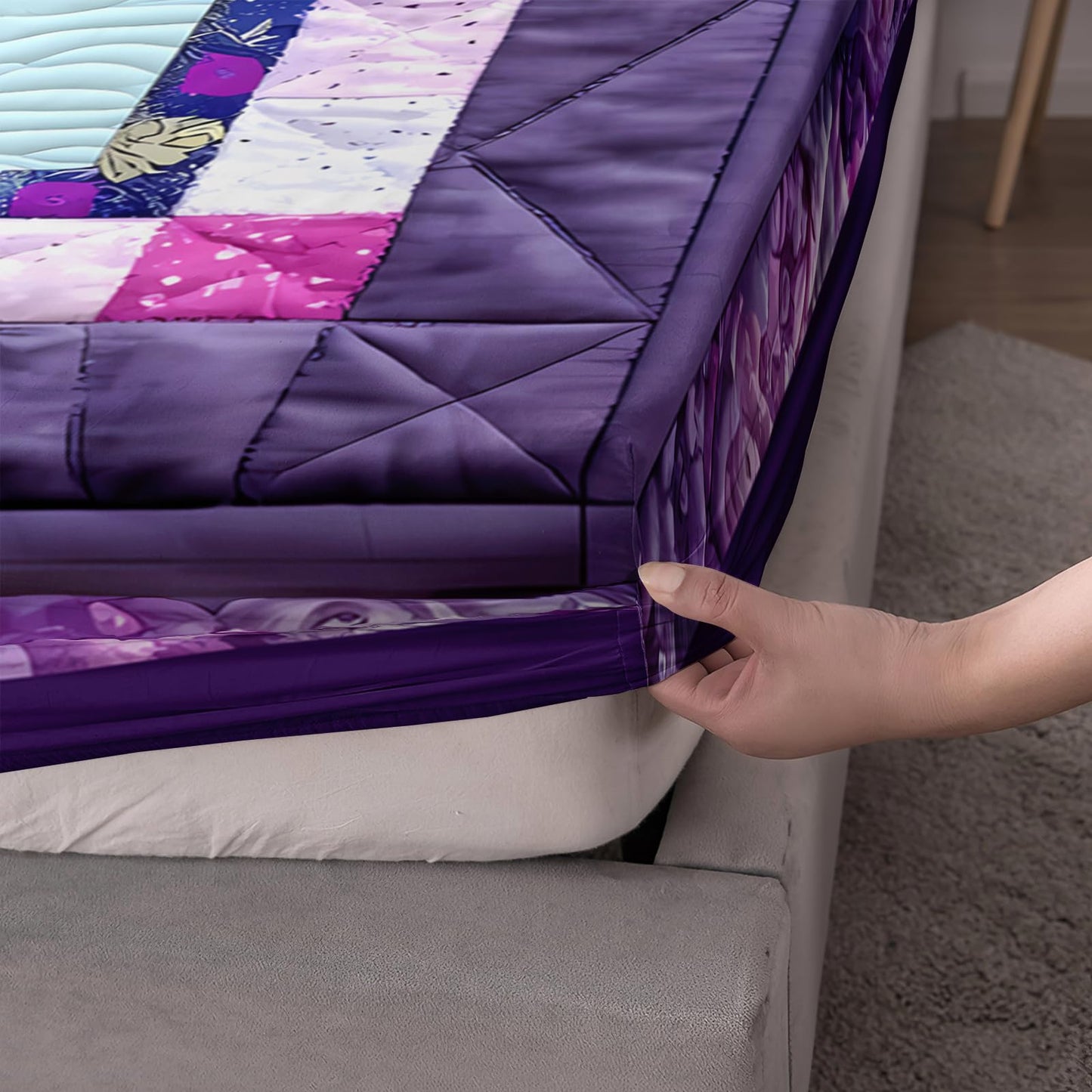 AILONEN Purple Floral Fitted Sheet Set Twin XL Size, Lavender Butterfly Bedding Set for Kids Teens Girls Women,Flower Plaid Bed Sheet Set,1 Fitted Sheet + 2 Pillowcases,3Pcs