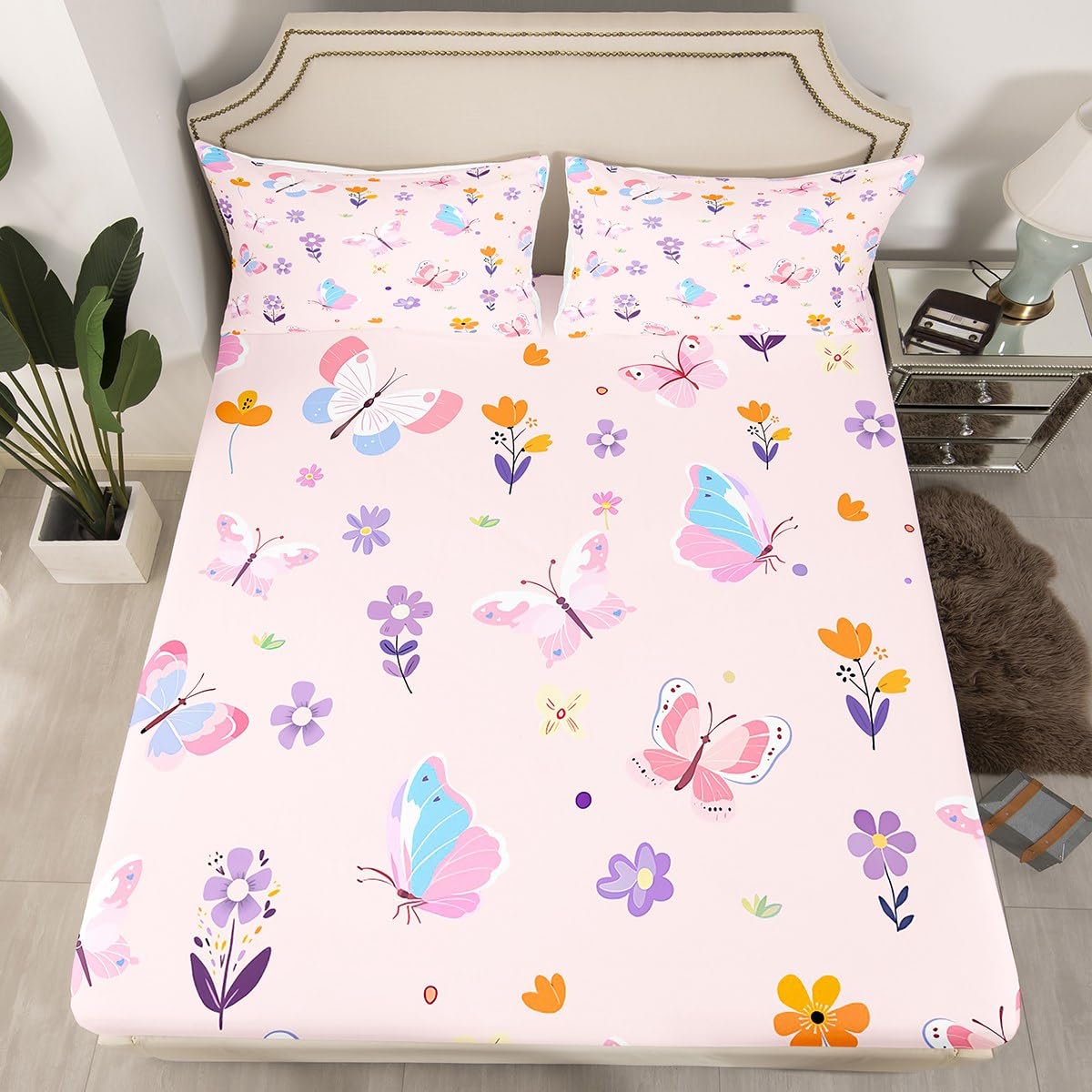 Erosebridal Cute Pink Floral Twin Fitted Sheet,Butterfly Kawaii Bedding Set for Girls Kids,Flower Garden Bed Set,Coquette Girly Flowers Bed Sheets 2Pcs Bedroom Decor (No Flat Sheet)