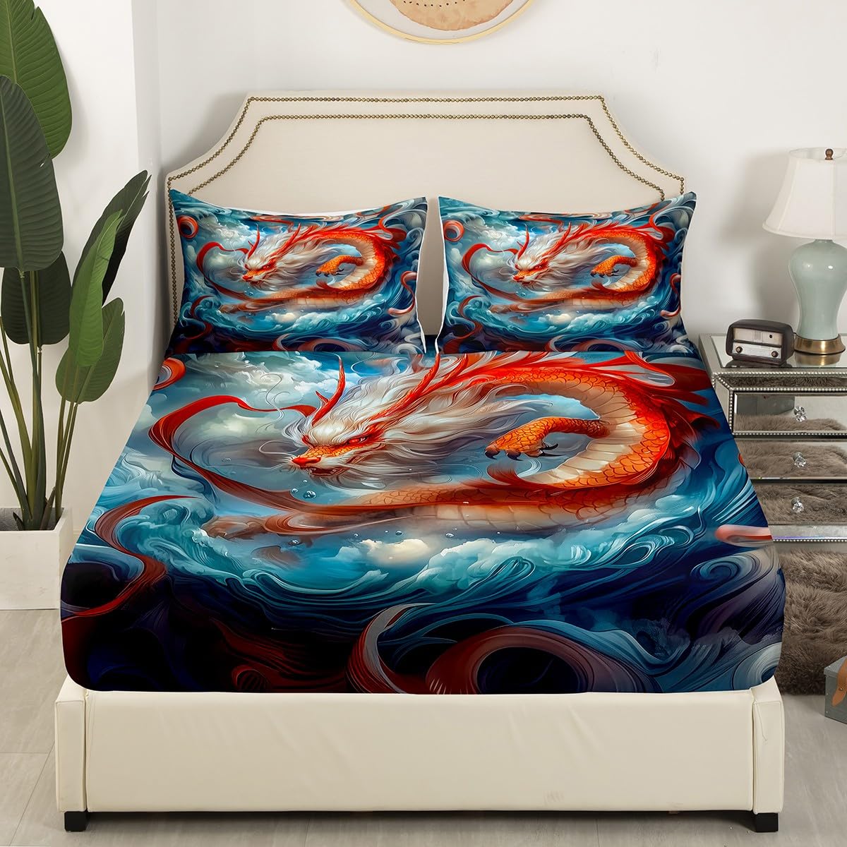 Feelyou Dragon Monster Bedding Sheets Full Red Mighty Dragon Bed Sheet Set for Adult Kids Classical Monster Fitted Sheet Wild Animal Bed Cover 3Pcs,1 Fitted Sheet+2 Pillow Sham（No Flat Sheet）