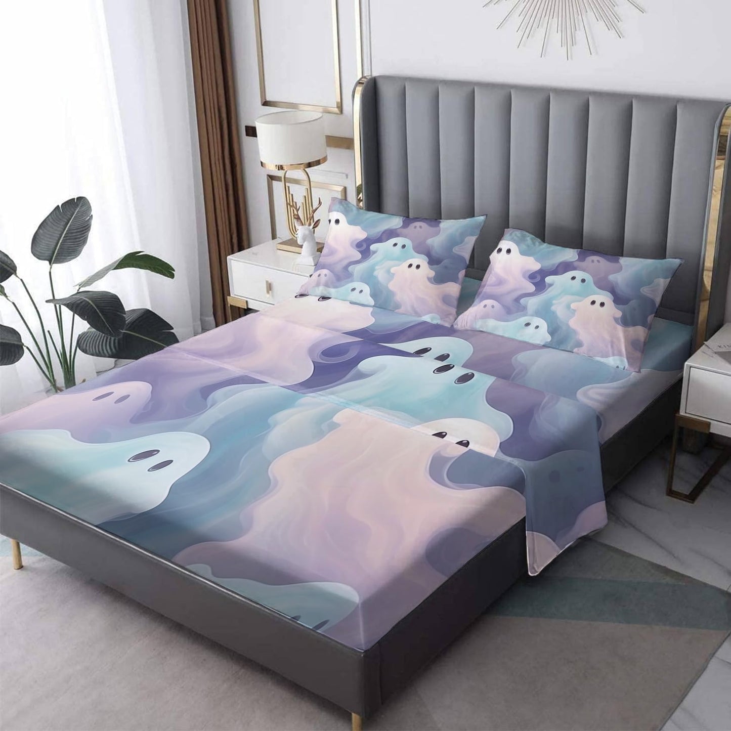 Rejkxyw King Size Sheets Set Cute Ghost - Cartoon Bed Sheets - Kids Boys Girls Sheet Set - 12 Inch Deep Pocket - Ultra Soft Winkle Free Microfiber Bedding Sheets & Pillowcases 4 Piece