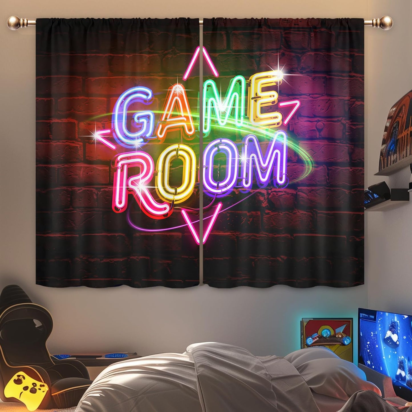 Mitpok Kids Game Room Gaming Curtains for Boys Bedroom 42Wx45H Inch Rod Pocket Neon Gamer Funny Video Game Cool Fun Teens Boy Modern Unique 2 Panels Window Treatment Set for Living Room Decor