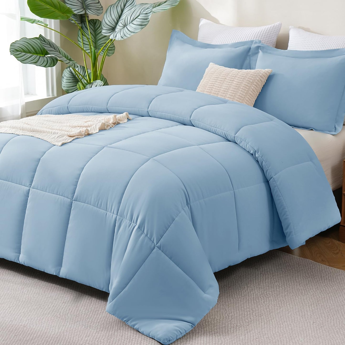 CozyLux Queen Comforter Set - 270GSM Baby Blue Bedding Sets for All Seasons, 3 Pieces Box Stitched Bed Set with 1 Down Alternative Comforter and 2 Pillow Shams, Soft, Lightweight, Breathable