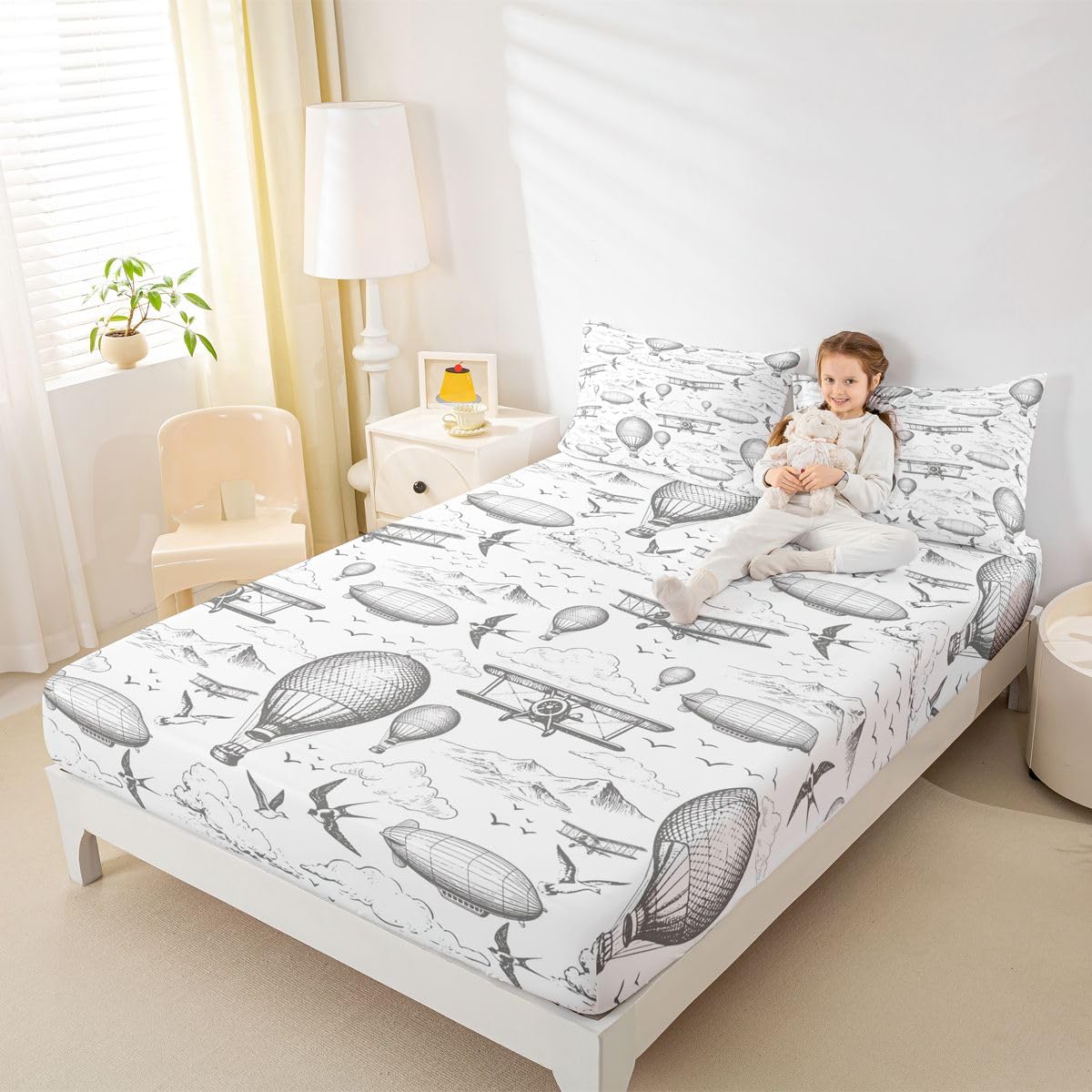 Airplane Hot Air Ballon Fitted Sheet Full Size (No Flat),Aircraft Bedding Set 3Pcs,Kids Boys Teens Room Decor,Sky Cloud Airship Bed Sheets Sketch Grey White Deep Pocket Sheet,2 Pillowcases